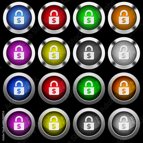Locked Dollars white icons in round glossy buttons on black background