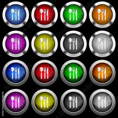 Restaurant white icons in round glossy buttons on black background