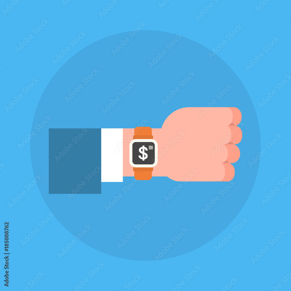 Business Man Hand Wearing Digital Wrist Watch Icon Contactless Payment Concept Flat Vector Illustration