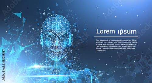 Low Polygon Human Face Wireframe Mash On Blue Template Background With Copy Space Vector Illustration