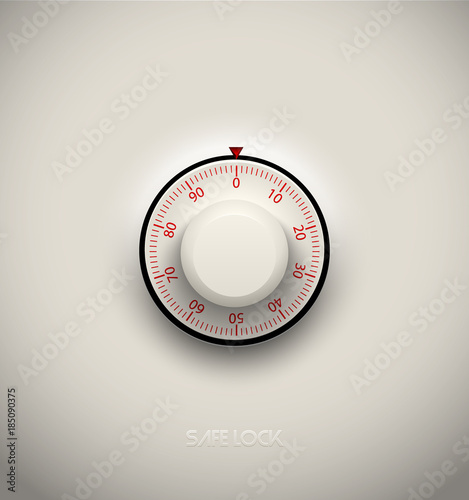 Realistic combination safe lock plastic element on white background. Red round scale. Vector icon or design element