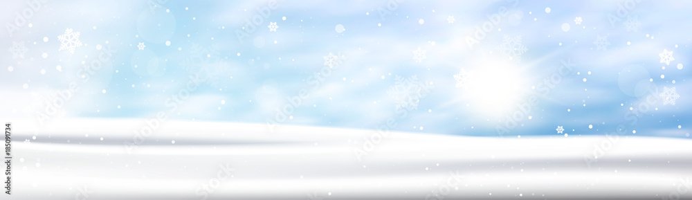 Winter Background Horizontal Banner Snow White Landscape Blue Sky Snowfall Flat Vector Illustration Winter Background Horizontal Banner Snow White Landscape Blue Sky Snowfall Flat Vector Illustration