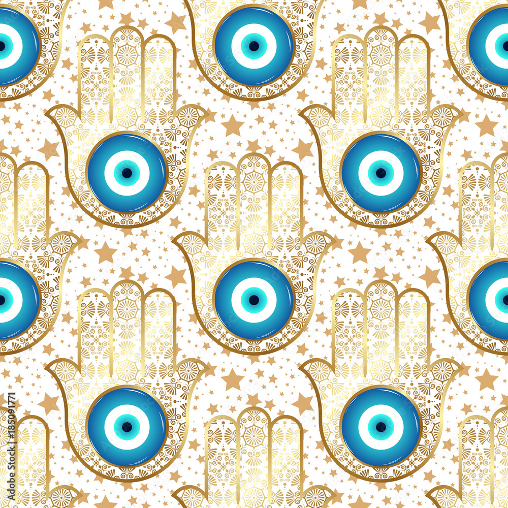Background with stars and ornate hamsa, obereg against the evil eye and ...