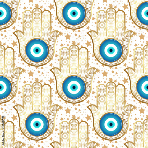 Background with stars and ornate hamsa, obereg against the evil eye and spoilage