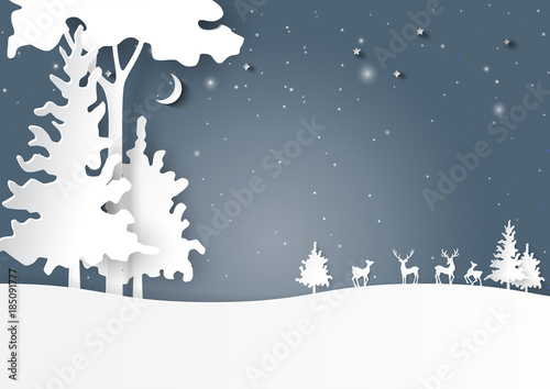 Nature landscape of night forest and deers family on snow winter background.For merry christmas and happy new year paper art style.Vector illustration.