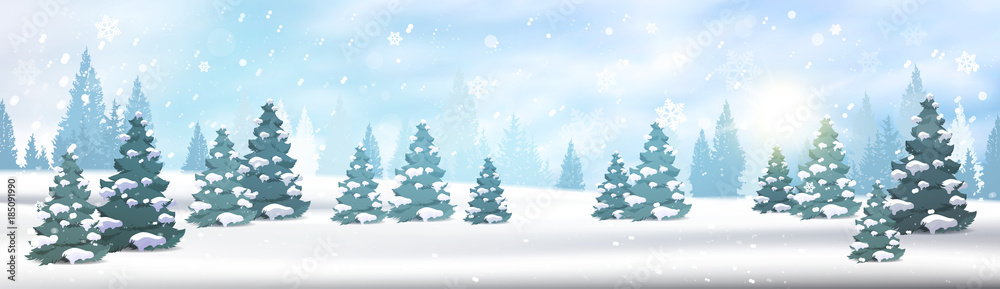 Winter Forest Landscape Horizontal Banner Pine Trees Falling Snow White View Blue Sky Christmas Concept Flat Vector Illustration