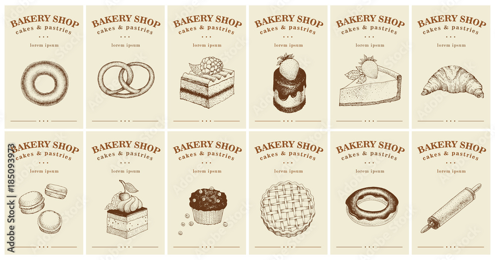 Labels with pastries and desserts. Set templates price tags for bakery shop. Vector retro illustrations in hand drawn style