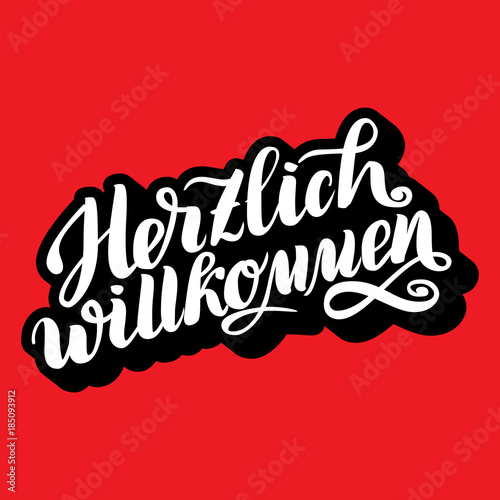 Herzlich willkommen. Welcome. Traditional German Oktoberfest bier festival . Vector hand-drawn brush lettering illustration on red background with volume 3D effect on letters.