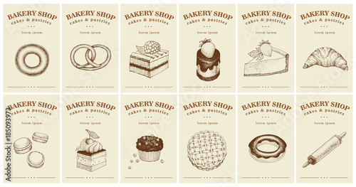 Labels with pastries and desserts. Set templates price tags for bakery shop. Vector retro illustrations in hand drawn style