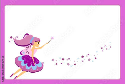 Beautiful flying fairy character with purple wings. Elf princess with magic wand. Purple frame design template for photos, children diplomas, kids certificate, invitations and etc