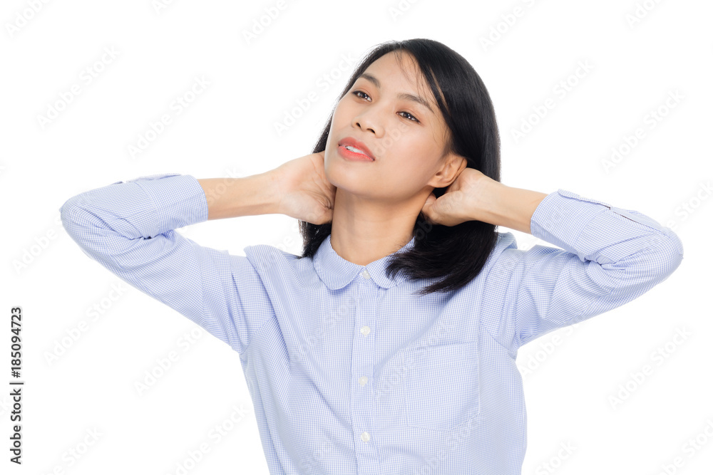 Beautiful asian businesswoman having a neck pain, portrait studio on white background Beautiful asian businesswoman having a neck pain, portrait studio on white background