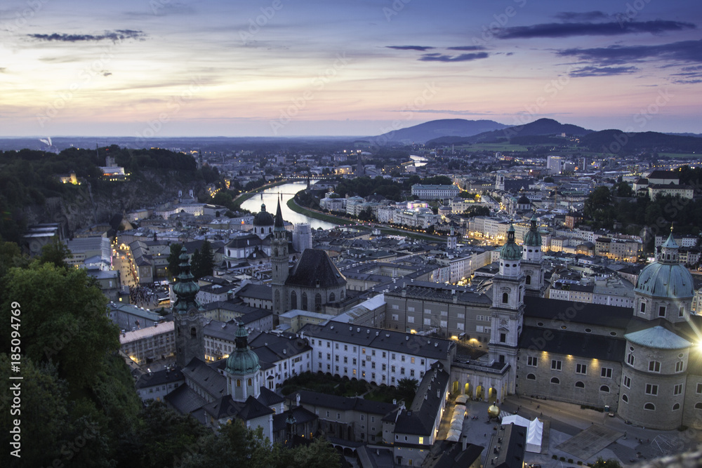 Aerial panoramic view of the famous historic city of Salzburg