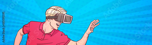 Man Wear Goggles 3d Glasses Virtual Reality Gesturing Pop Art Style Background Horizontal Banner Vector Illustration
