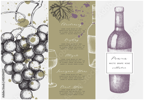 Vintage wine list.  Vector illustration with wine glass, grapes, bottle. Hand drawn alcoholic drink template. Bar menu design