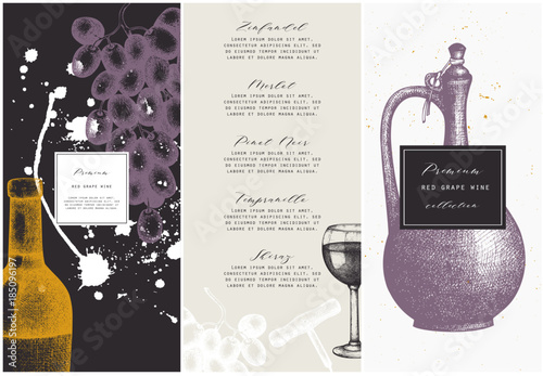 Vintage wine list. Vector illustration with wine glass, grapes, bottle. Hand drawn alcoholic drink template. Bar menu design