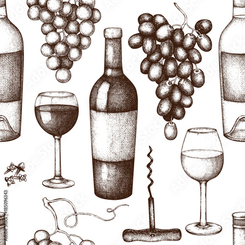 Vintage wine background. Vector illustration with wine glass, grapes, bottle. Hand drawn alcoholic drink design. Seamless pattern.