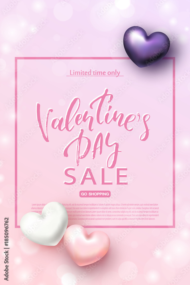 Valentine's day sale banner. Beautiful Background with Realistic Hearts. Vector illustration for website, posters, email and newsletter designs, ads, coupons, promotional material.