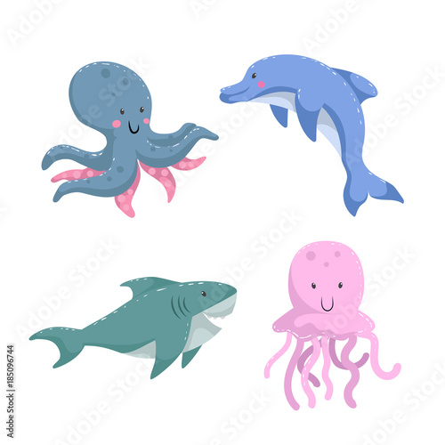 Cartoon trendy design different sea and ocean animals set. Isolated vector illustration. Octopus  dolphin  shark  jellyfish.