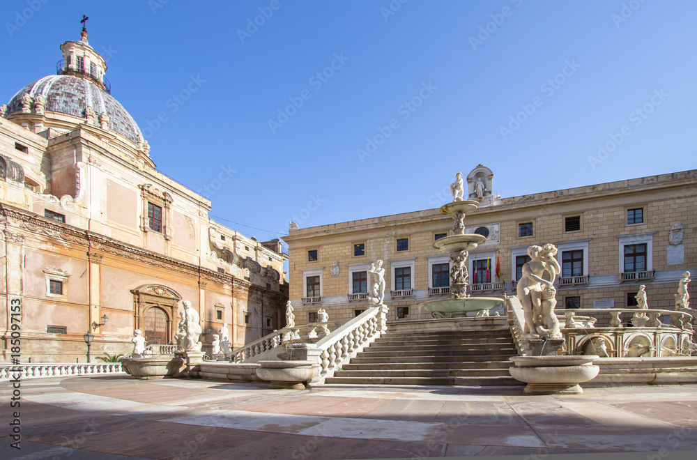 Fountain of shame on  Piazza Pretoria, Palermo, Italy