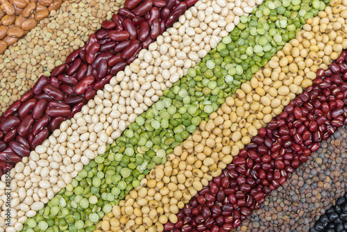 Multicolor dried legumes for diagonal background, Different dry bean for eating healthy