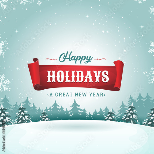 Happy Holidays Greeting Card And Christmas Landscape
