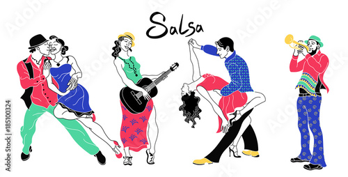 Salsa party poster. Set of elegant couple dancing salsa.Retro style. Silhouettes of people dancing salsa and musicians playing latin music.Cuba club. Couple dancing salsa. Trumpeter and guitarist