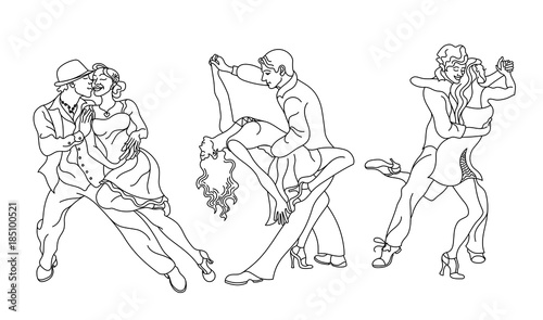 Salsa party poster. Set of elegant couple dancing salsa.Retro style. Outline silhouettes of people dancing salsa and musicians playing latin music.Cuba club. Couple dancing salsa