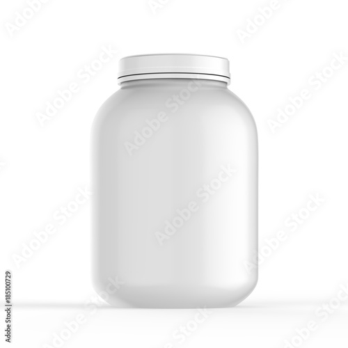 Protein or gainer powder container tub and jar ready for your design labels. 3d illustration.