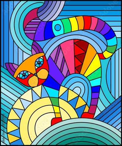 Illustration in stained glass style with abstract geometric cat