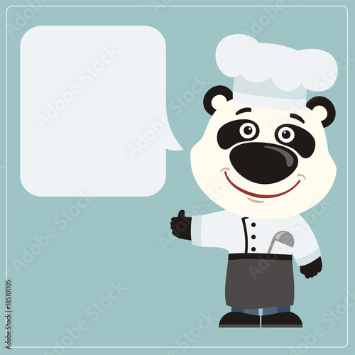 Fototapeta Naklejka Na Ścianę i Meble -  Chef panda bear with speech bubble in cartoon style. Smiling panda cook says and shows like.
