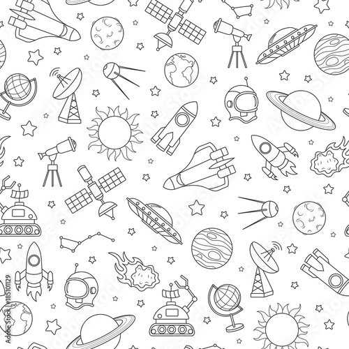 Seamless pattern on the theme of space and space flight, the dark contour icons on white background