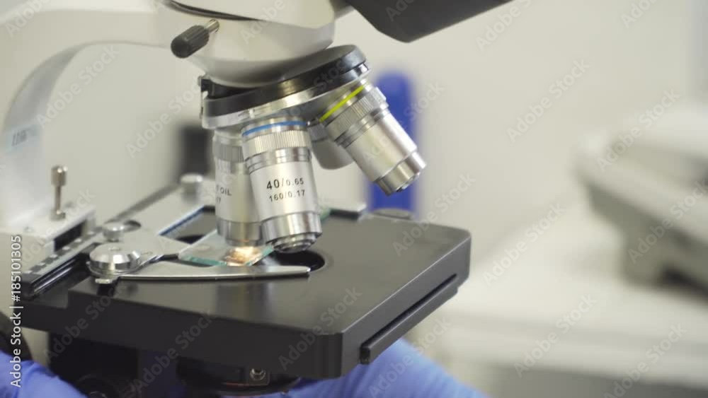 Doctor woman working with a microscope in Laboratory. Female scientist looking through a microscope in lab. Scientist using a microscope in a laboratory.