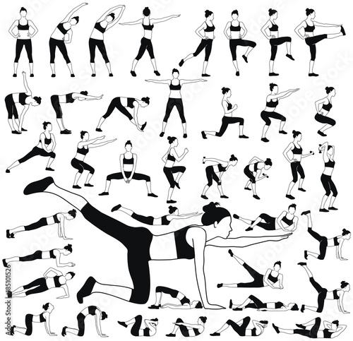 Set of woman silhouettes in different fitness poses.