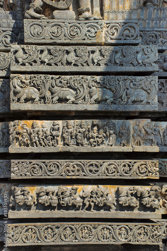 Reliefs on the outer wall of the Hoysaleswara Temple, Hoysala style, Halebidu, Karnataka,