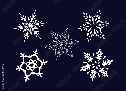 five snowflakes with dark blue background