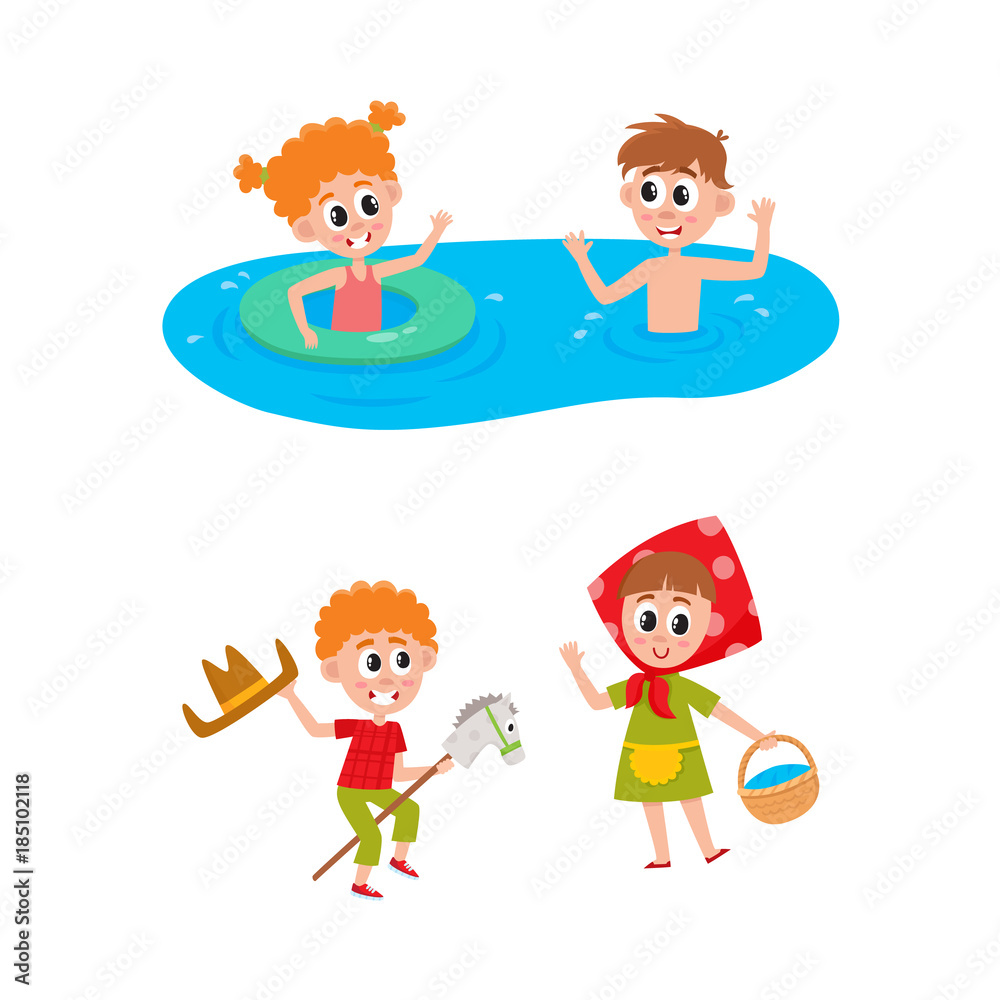 vector summer camp kids set. Caucasian boys and girls swimming in water in river or pool with inflatable ring, playing at stage . Isolated illustration white background vector summer camp kids set. Caucasian boys and girls swimming in water in river or pool with inflatable ring, playing at stage . Isolated illustration white background