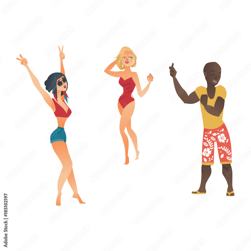 vector cartoon young people dancing at beach party set. cute beautiful hot slim women, girls in summer swimwear sunglasses and african black boy on vacation. Isolated illustration on white background.