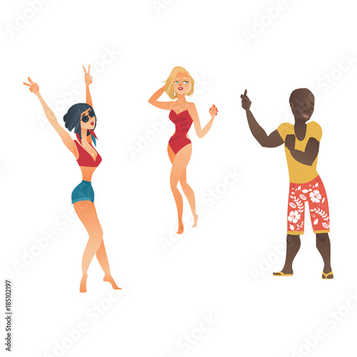 vector cartoon young people dancing at beach party set. cute beautiful hot slim women, girls in summer swimwear sunglasses and african black boy on vacation. Isolated illustration on white background.