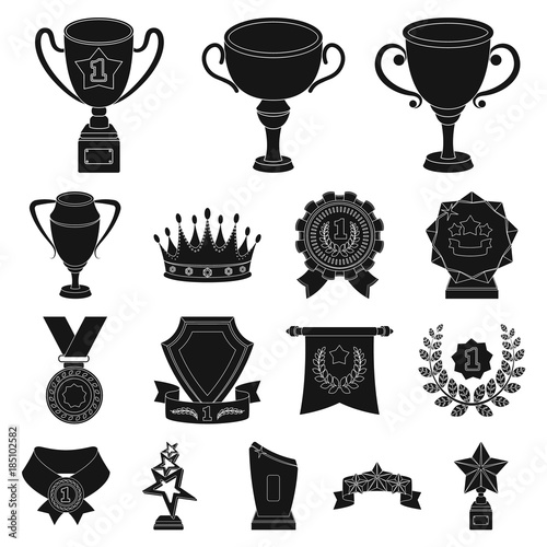 Awards and trophies black icons in set collection for design.Reward and achievement vector symbol stock web illustration.