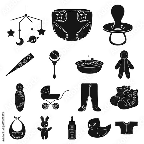 Birth of a baby black icons in set collection for design. Newborn and accessories vector symbol stock web illustration. photo