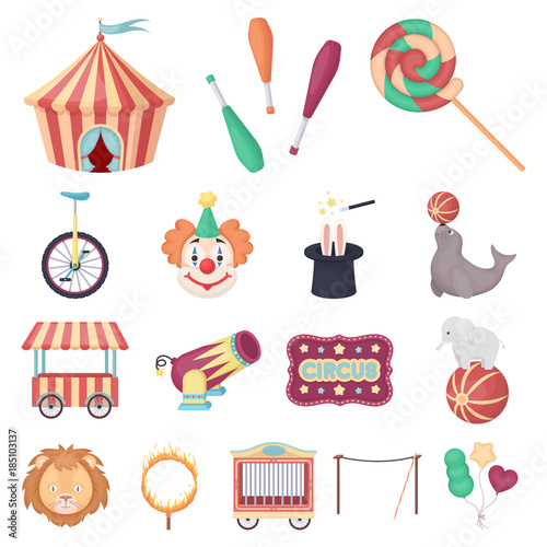 Circus and attributes cartoon icons in set collection for design. Circus Art vector symbol stock web illustration.