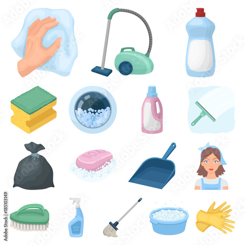 Cleaning and maid cartoon icons in set collection for design. Equipment for cleaning vector symbol stock web illustration.
