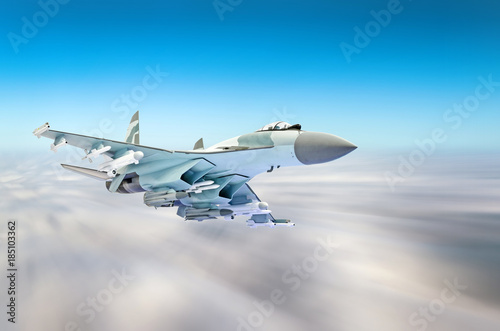 Konstfotografi Military fighter aircraft at high speed, flying high in the sky.