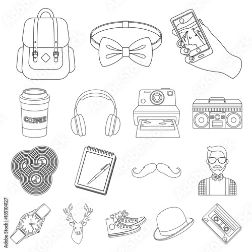 Style Hipster outline icons in set collection for design. Hipster Attributes and accessories vector symbol stock web illustration.
