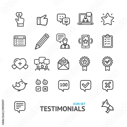 Testimonial, Feedback and Review Signs Black Thin Line Icon Set. Vector