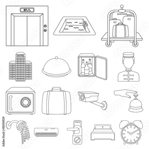 Hotel and equipment outline icons in set collection for design. Hotel and comfort vector symbol stock web illustration.