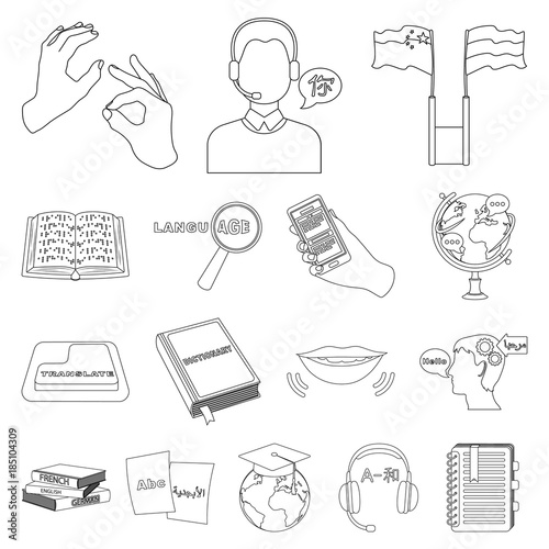 Translator and linguist outline icons in set collection for design. Interpreter vector symbol stock web illustration.