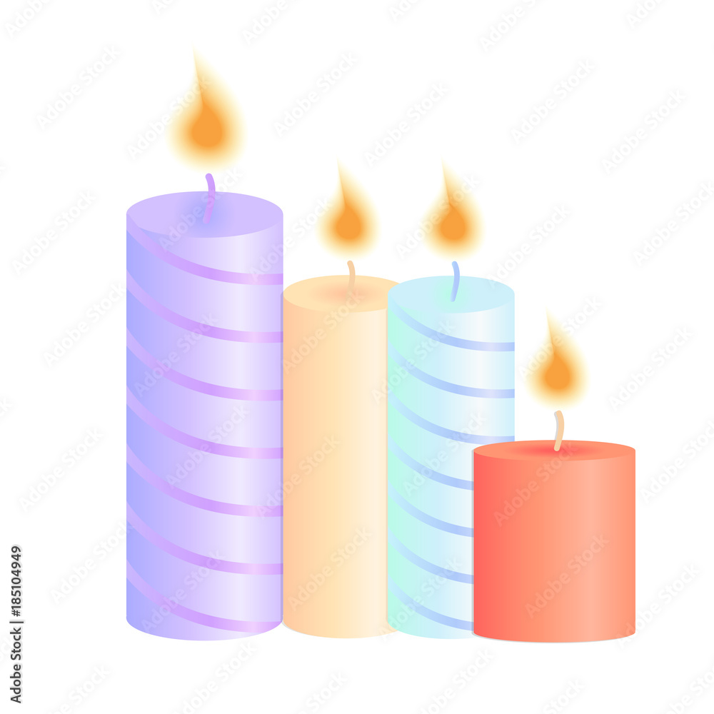 A set of burning candles. Decoration for Christmas party, birthday, valentine, spa salon.