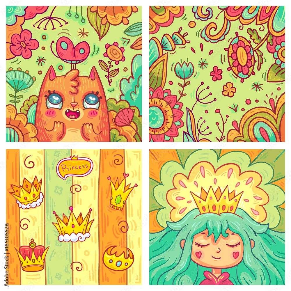 Vector set of cute greeting cards for children in cartoon style. Beautiful princess portrait and pattern with different crowns. Happy cat with butterfly and floral background. Vector set of cute greeting cards for children in cartoon style. Beautiful princess portrait and pattern with different crowns. Happy cat with butterfly and floral background.