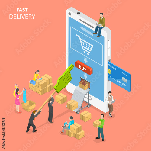 Fast delivery flat isometric vector concept. People are around a huge smartphone buying some goods at online store and get them immediately from the delivery hole in the phone screen.